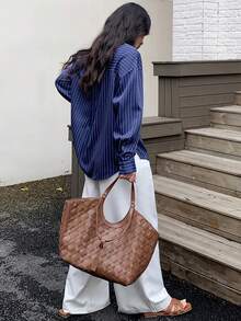 Solavon 女士条纹印花纽扣前开襟休闲长袖衬衫 - 藍色 - 查看 3