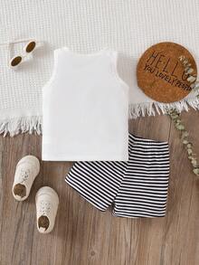 SHEIN 男婴夏季休闲日常通勤街头时尚标语印花背心和条纹短裤套装