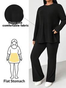 SHEIN Essnce 大码女装秋冬时尚休闲宽松舒适日常基础款修身保暖磨毛长袖宽松上衣搭配喇叭裤黑色两件套，秋季服装，机场穿搭，女士舒适秋冬装 - 黑色 - 查看 6