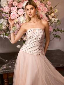 MOTF Soiréza WOMEN'S RHINESTONE EMBELLISHED CONTRAST MESH RUCHED LONG FORMAL DRESS