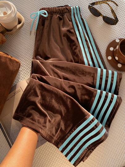 Comfortcana Women's Casual Pants With Side Stripe, Brown And Mint Blue Color Blocking, Lightweight, Spring/Summer Casual Pants For Women