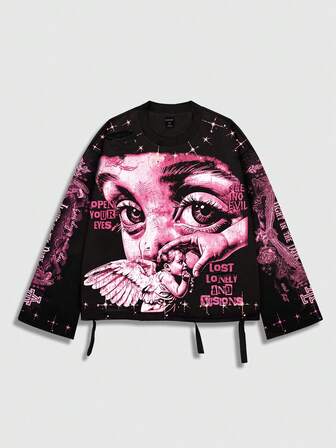 Street Life Vintage Streetstyle verwaschenes Saint Grafik Langarm Rundhals Herren T-Shirt