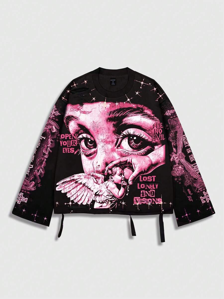 ROMWE MEN Street Life Camiseta de manga larga con cuello redondo para hombre, estilo vintage de calle con gráfico desgastado de Saint - Negro - Ver 1