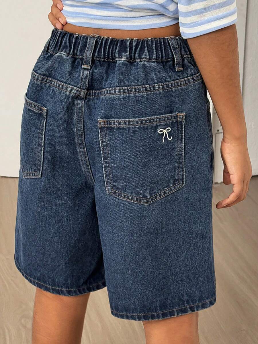 DAZY Girls' Bow Embroidered Denim Shorts - Blue - View 1