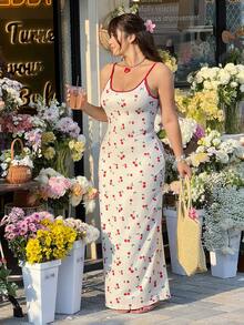 SHEIN EZwear 大码女式夏季度假风樱桃印花撞色包边修身吊带背心 - 彩色 - 查看 4