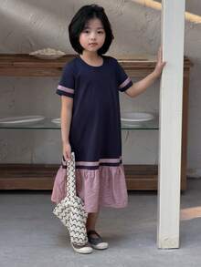 Dazy Kids 少女夏季休闲通勤撞色荷叶边短袖连衣裙 - 藏蓝色 - 查看 5