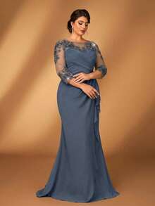 Serin 大码女士优雅灰粉色雪纺圆领薄纱长袖褶皱亮片贴花装饰美人鱼裙摆连衣裙，适合新娘/新郎母亲出席婚礼、正式活动、派对等场合。 - 霧霾藍 - 查看 3