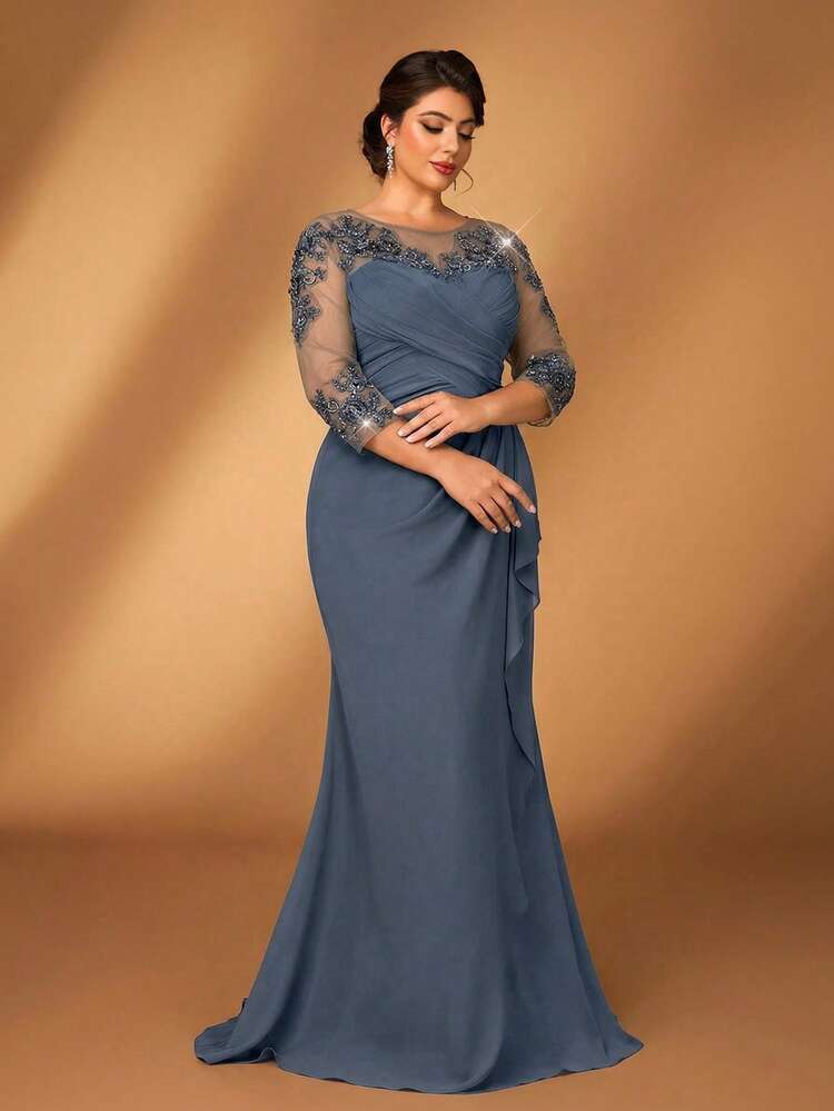 Serin Vestido elegante de gasa gris-rosa para mujer de talla grande, con cuello redondo, manga larga transparente, fruncido, decoración con apliques de lentejuelas y bajo de cola de sirena. Adecuado para la madre de la novia/novio en bodas, eventos formales y fiestas. - Neblina azul - Añade 3