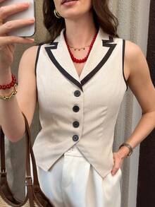 SHEIN Clasi 女士无袖亮片装饰修身派对背心，优雅黑色无领设计，适合夏季穿着；女士纯色单排扣休闲背心，夏季商务装，女士夏季工作服 - 米色 - 查看 4
