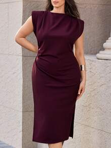 Maija Vestido casual de verano de talla grande con unicolor, hombreras y cintura ceñida - Burdeos - Ver 3