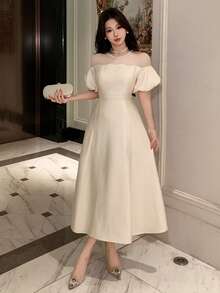 DAZY 女士优雅串珠拼接灯笼袖连衣裙，夏季 - 杏色 - 查看 1