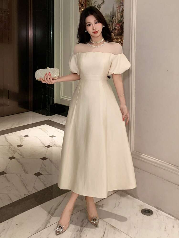 Women's Elegant Beaded Patchwork Lantern Sleeve Dress, Summer,Wedding Guest Dress Women Sundress Off The Shoulder
