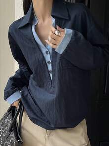 Livesso 女士休闲撞色V领二合一衬衫 - 藏蓝色 - 查看 3