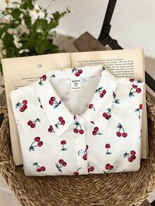 Children/Girls' Casual Turndown Collar Cherry Print Short Sleeve Shirt - Multicolor - View 3