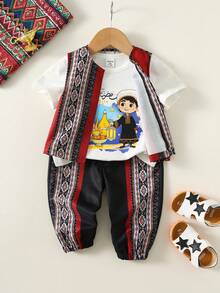 SHEIN Conjunto de 3 piezas para bebé niño: Camiseta de manga corta con estampado floral vintage y de niño lindo, chaleco de punto y pantalón de linterna, ropa de primavera/verano para bebé niño - Negro - Ver 7