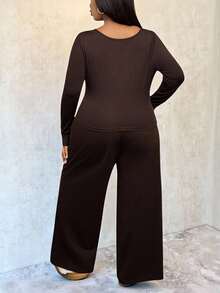 Slaydiva طقم قميص وبنطلون بلون أحادي للمقاسات الكبيرة، كاجوال للخريف/الشتاء - بني - مشاهدة 2