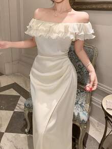 DAZY Women's Elegant Off Shoulder Ruched Patchwork Ruffle Hem Dress, Summer - Beige - View 1