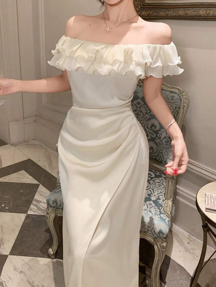 Women's Elegant Off Shoulder Ruched Patchwork Ruffle Hem Dress, Summer Wedding Guest Dress Maxi Dress Sundress