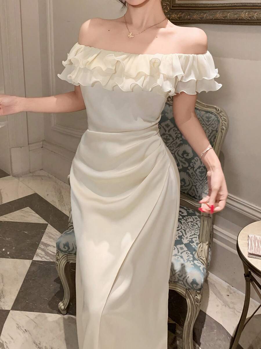 DAZY Women's Elegant Off Shoulder Ruched Patchwork Ruffle Hem Dress, Summer - Beige - View 1