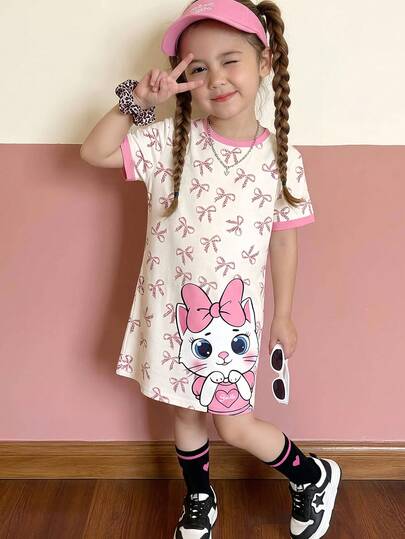 SHEIN Cream White & Cream Pink, Cute Cat, Leopard Bow Print, Young Girl Casual Fashionable Mid-Length Short Sleeve Dress, Suitable For Spring/Summer Daily Wear, Outings, Street Style, Campus, Sports, Kids Campus, Chill Chill
