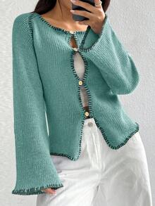 Flirla Áo khoác cardigan dài tay nữ màu trơn, cài nút, khoét lỗ, kiểu dáng thường ngày. - Màu xanh lá cây đậm - Xem 6