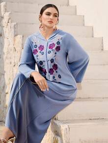 Al Najma 保守休闲花卉刺绣连帽土耳其长款连衣裙，阿拉伯长袍 - 藍色 - 查看 5