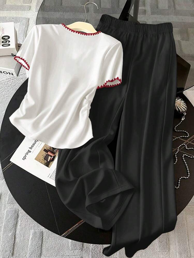Resyla 女士休闲撞色滚边爱心印花T恤和裤子两件套，夏季 - 彩色 - 查看 2