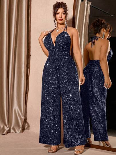 Cravure Plus Size Women's Sequin V-Neck Jumpsuit, Fashionable Party Wear