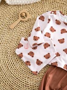 新生男婴四件套：罗纹针织圆领长袖上衣、帽子、连脚裤、围兜，休闲家居服，春夏款 - 彩色 - 查看 4