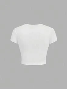 MTV | SHEIN Women's Casual Daily Commute Letter Graphic Short Sleeve Fitted T-Shirt, Summer - White - View 2