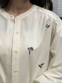 Mulvari Áo sơ mi dài tay thêu hoa dành cho nữ - Màu Hồng baby - Xem 6