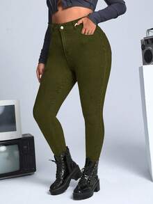 SHEIN ICON Jeans casuales y versátiles de talla grande, unicolor, con bolsillo en ángulo y silueta ajustada - Verde militar - Ver 1