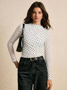 Poéselle Women's Fashionable Elegant Polka Dot Print Long Sleeve T-Shirt Polka Dot Shirt Pokadot Top Full Sleeve Tops - White - View 1