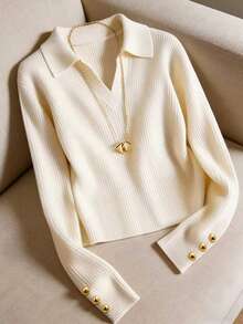 Franclia 加大码仿针织优雅舒适上衣 - 杏色 - 查看 3