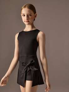 Tween Girls Black Casual Dress, Fashionable Activewear, Unique Hem Design, Detachable Bow - Black - View 7