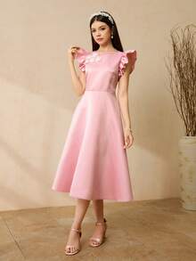 缎面短袖圆领花卉装饰A字连衣裙，高端青少年正式礼服，适合婚礼、舞会、生日派对、宴会等场合。 - 粉色 - 查看 4