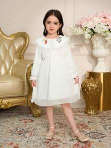 Young Girl Floral Lace Collar Long Sleeve Dress, Sweet & Cute Countryside Style, Spring/Autumn - White - View 6