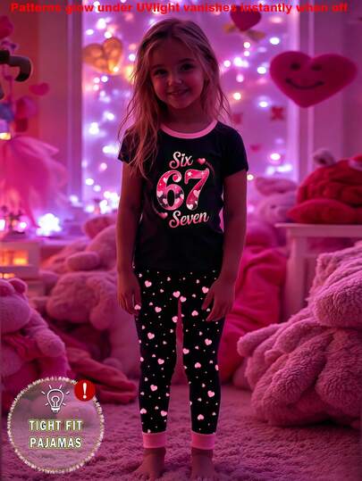 Tween Girls Pajamas Set, Glow-In-The-Dark Heart & Number 67 Print Top Paired With All-Over Heart Print Tight Fit Knit Crew Neck Short Sleeve Pants, Spring/Summer, 1 Set, Valentine's Day Gift