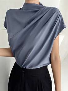 Livesso Blusa casual de mujer con mangas de murciélago plisadas, adecuada para el trabajo, verano - Azul - Ver 6