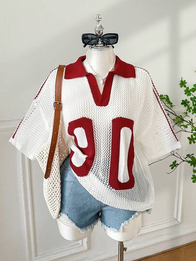 SHEIN EZwear 大码女式字母数字镂空休闲百搭针织短袖上衣