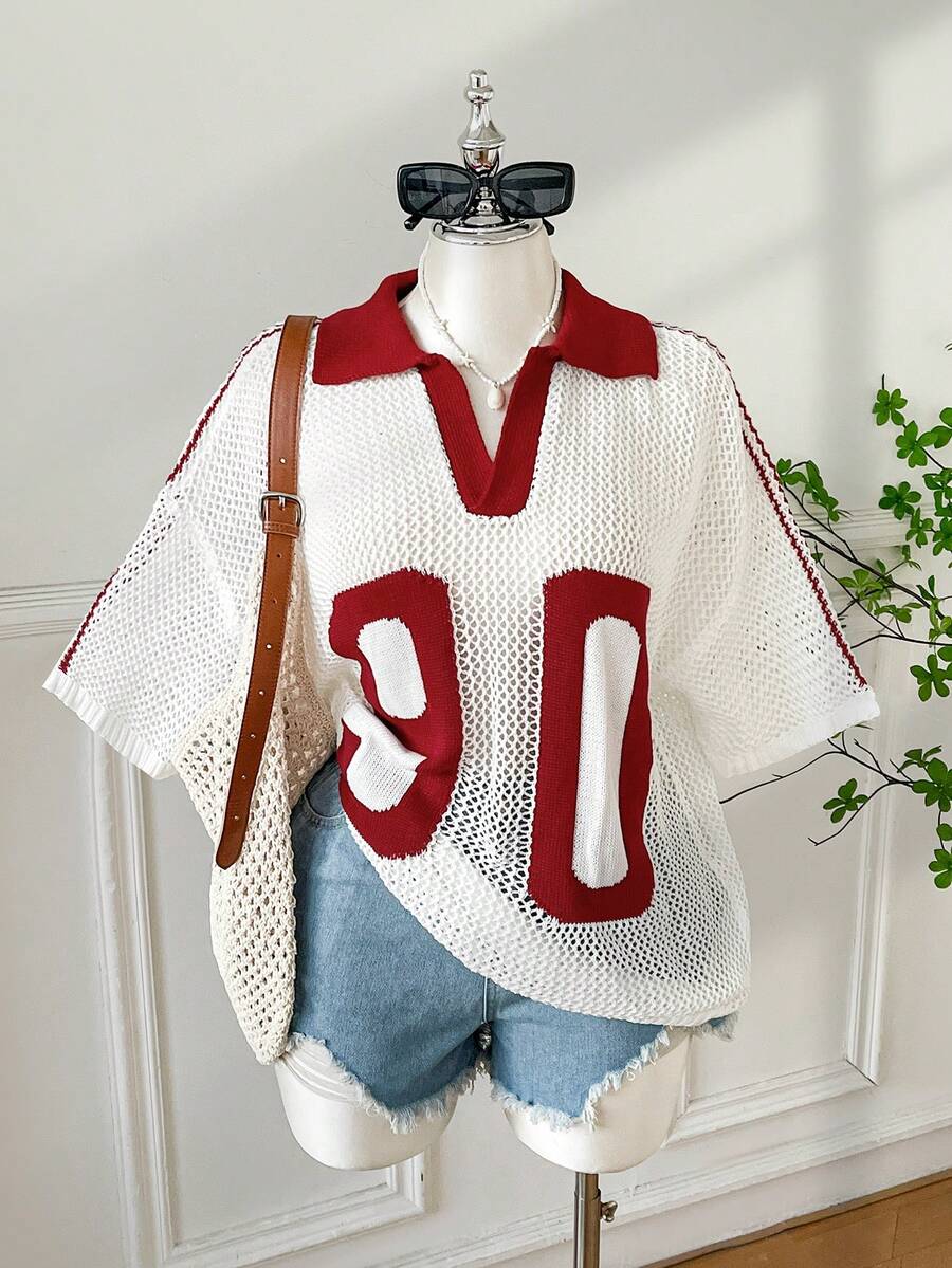 SHEIN EZwear Áo thun nữ cỡ lớn tay ngắn dệt kim khoét chữ và số, kiểu dáng thường ngày, đa năng. - Màu Đỏ Sâu - Xem 1