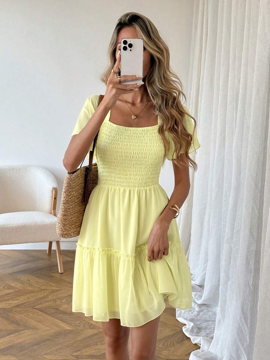 SHEIN LUNE 休闲女式奶油黄腰连衣裙 - 黃色 - 查看 1