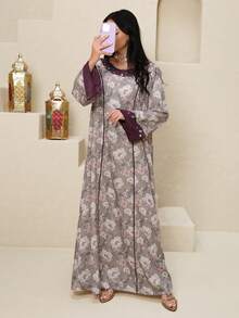 Al Najma Women's Floral Print Rhinestone Decor Round Neck Long Sleeve Elegant Arabic Style Maxi Dress - Multicolor - View 8