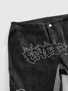 ROMWE MEN Street Life Men's Dragon Embroidery Patchwork Contrast Color Layered Flare Jeans - Black - View 4