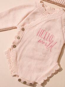 针织“Hello World”刺绣新生儿连体衣，配同款毛球帽，可作婴儿出生公告连体衣、婴儿摄影道具，米色，适合宝宝回家穿着 - 粉色 - 查看 7