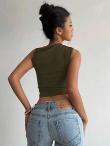 Aloruh 女士性感优雅圆领褶皱酒红色露脐无袖上衣 - 軍綠色 - 查看 7