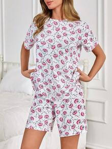 EURMUSE Cotton Women Overall Floral Patterned Sleep Tee + Sleep Shorts Pajama Lounge Sets - Multicolor - View 3