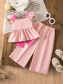 SHEIN 女宝宝夏季度假粉色荷叶边蝴蝶结吊带背心和松紧腰裤套装 - 玫紅色 - 查看 2