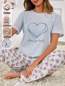 EURMUSE Cotton Line Women Heart Printed Comfy 2Pcs Pajama Set Short Sleeve And Pants - Multicolor - View 1