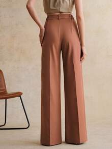 Anewsta Spring/Summer High-Waisted Loose Fit Rust Brown Wide Leg Pants With Embroidery Detail, Suitable For Valentine's Day - Rust Brown - View 2